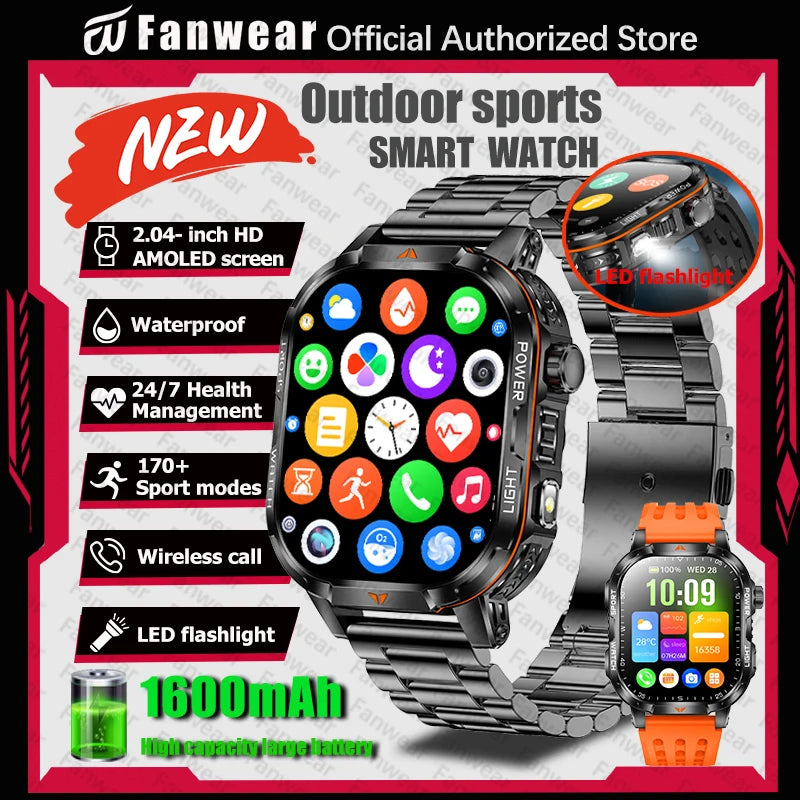 Military outdoor sports smart watch For men's 1600 mAh battery outdoor flashlight 2.04 inch screen 170+ sports mode call health