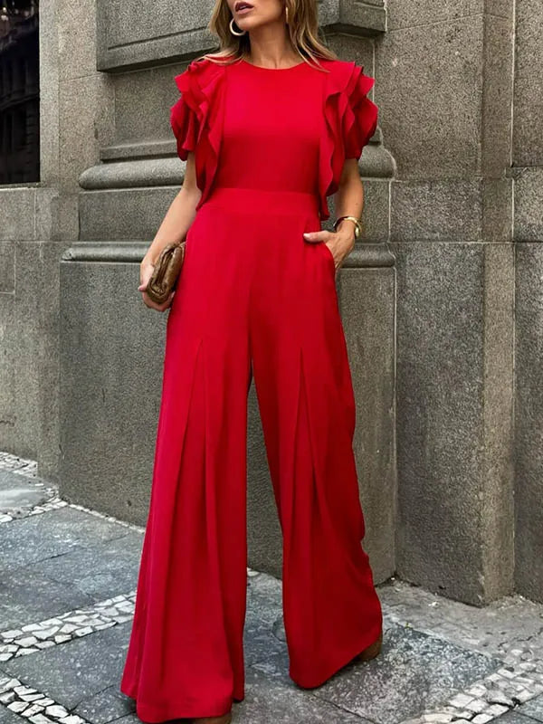 Modigirl Red Romper Jumpsuit Woman 2025 New Summer Falbala Short Sleeves Wide Leg Jumpsuits Woman Elegant Party Formal Clothes