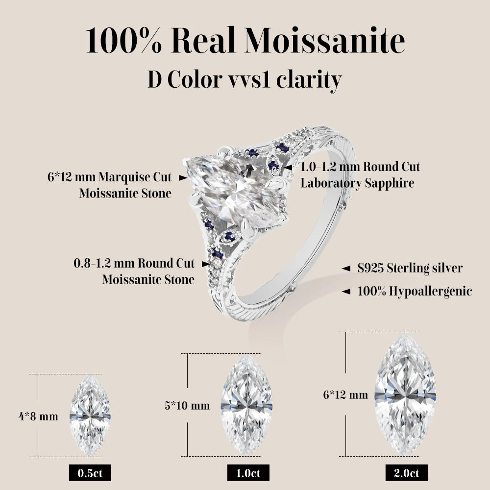 ATTAGEMS Marquise Cut 2ct Moissanite Ring With Lab Sapphire Women's Ring 925 Sterling Silver Luxury Wedding Jewelry Customizable
