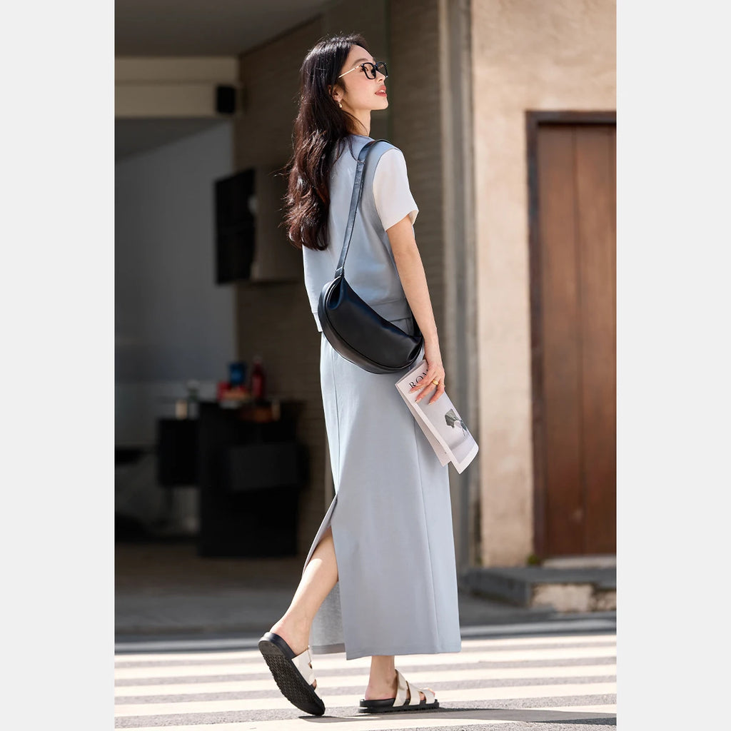 VIMLY Women's Summer Skirt Suit 2026 Woman Simple Outfits 2 in 1 Short Sleeve T-shirt Split Skirt Ladies Casual Skirt Set M9862