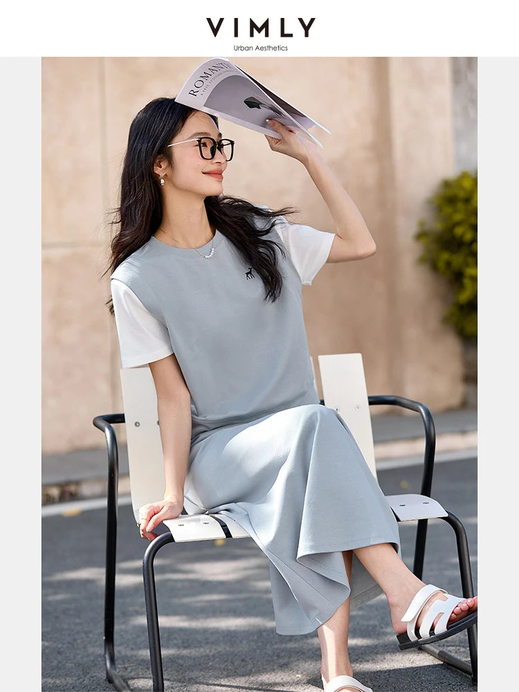 VIMLY Women's Summer Skirt Suit 2026 Woman Simple Outfits 2 in 1 Short Sleeve T-shirt Split Skirt Ladies Casual Skirt Set M9862