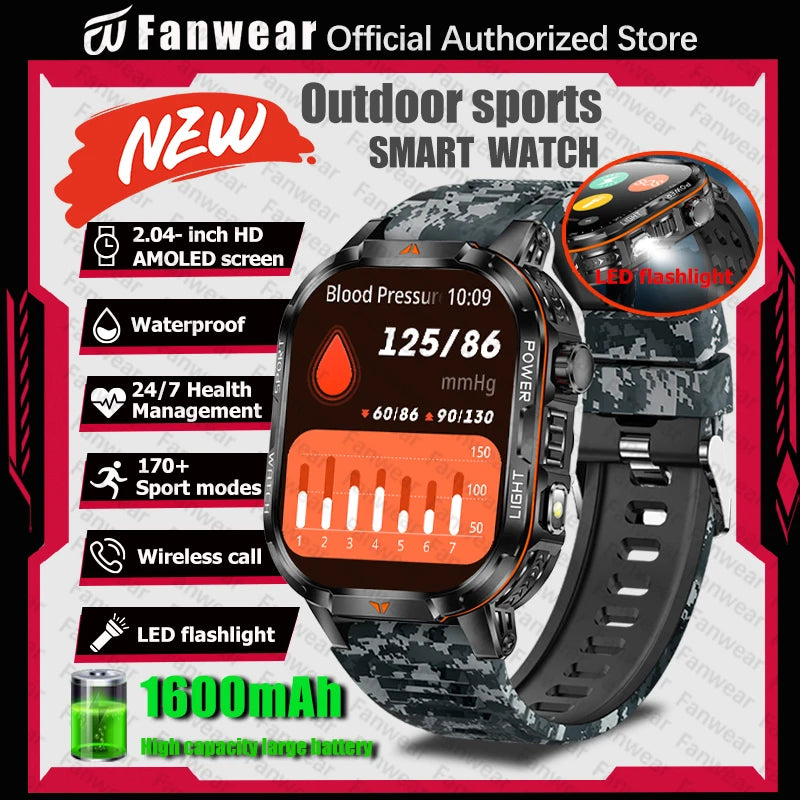Military outdoor sports smart watch For men's 1600 mAh battery outdoor flashlight 2.04 inch screen 170+ sports mode call health