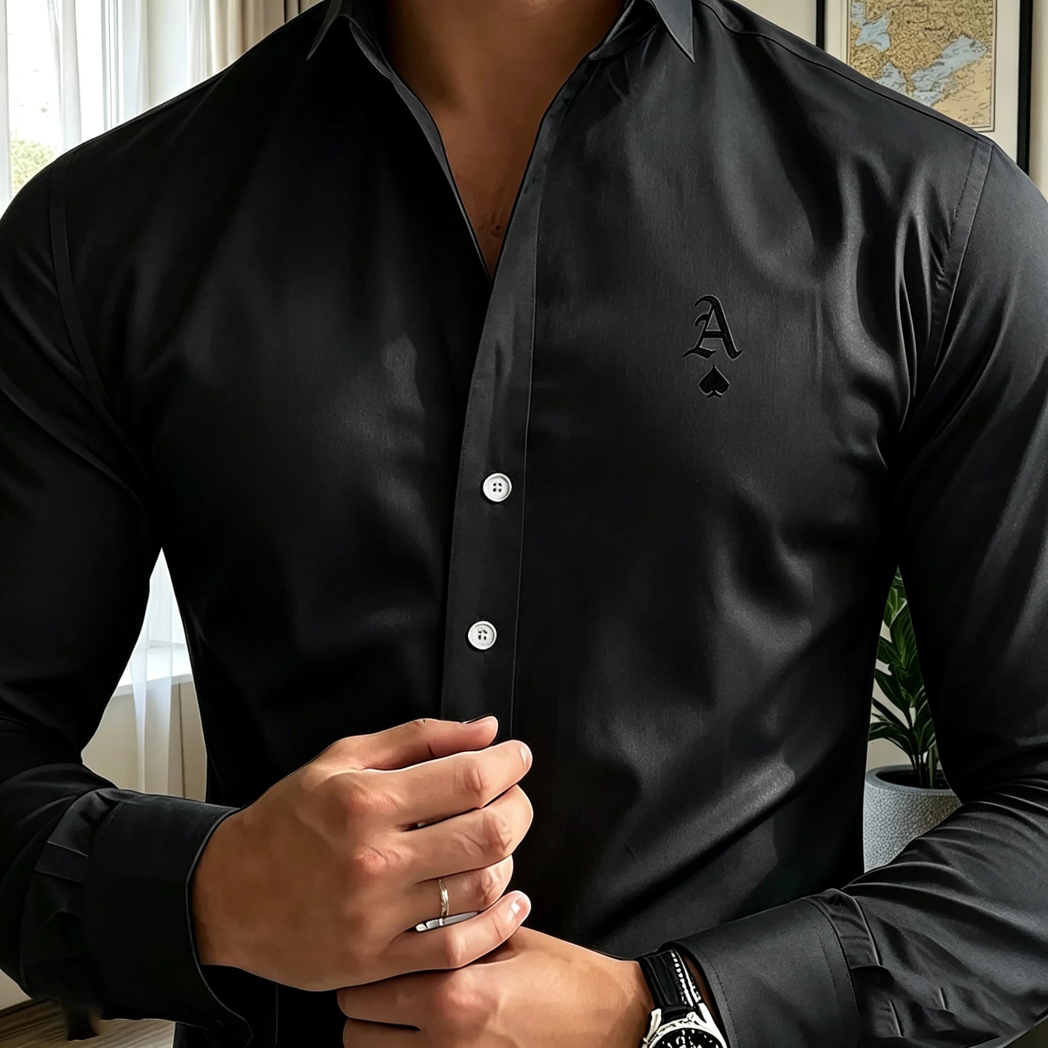 Men's long-sleeved business shirt, letter print, light luxury formal shirt, commuting/party casual cardigan top