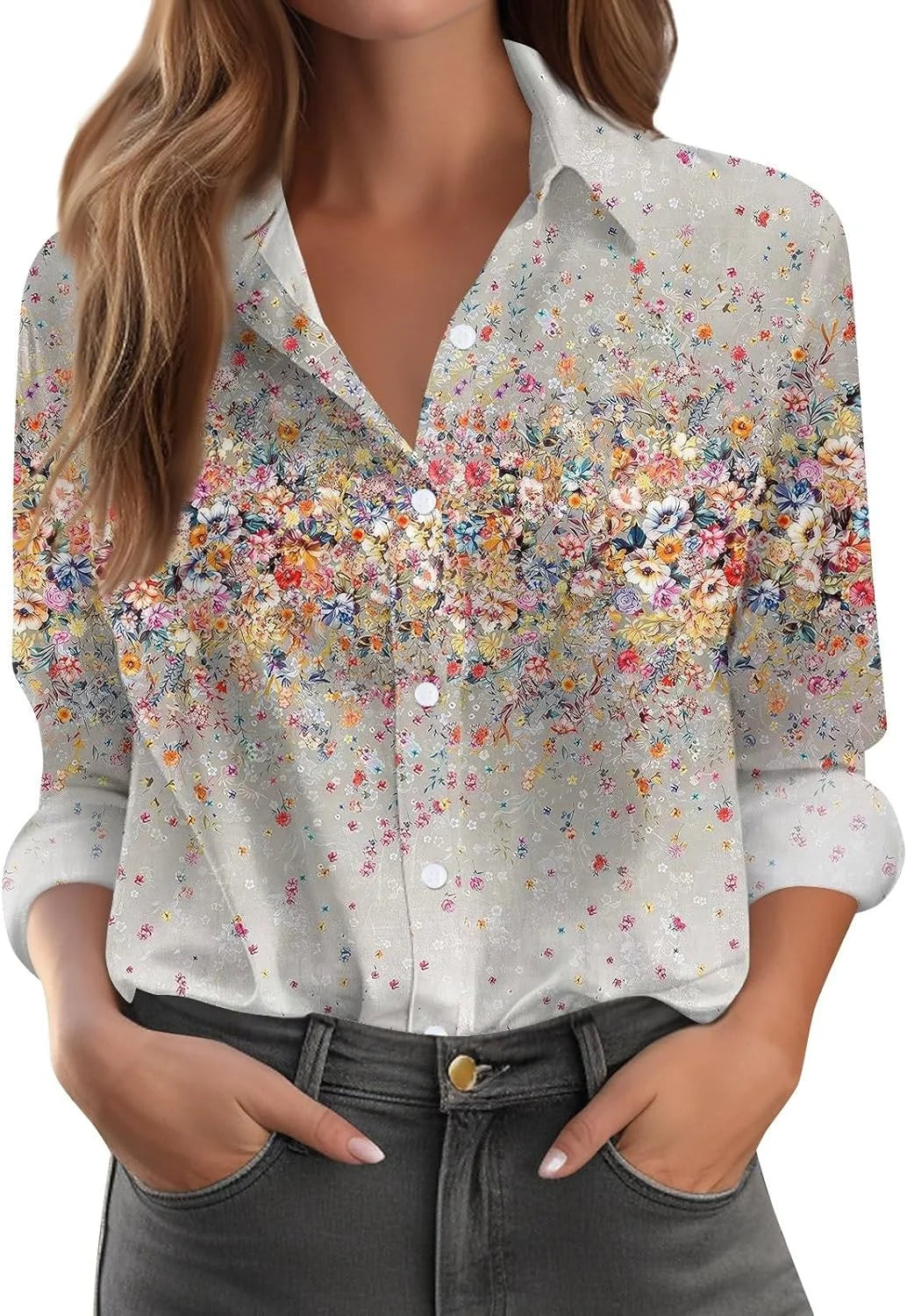 2026 Blush Women Summer Popular Long Sleeve Lapel Shirt Plant Flower Printed Shirt Street Commuting Outerwear Fast Shipping