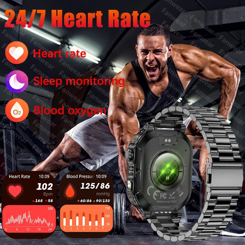 Military outdoor sports smart watch For men's 1600 mAh battery outdoor flashlight 2.04 inch screen 170+ sports mode call health