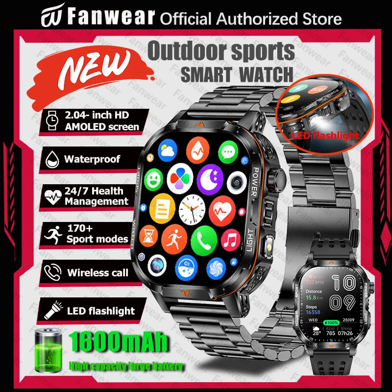 Military outdoor sports smart watch For men's 1600 mAh battery outdoor flashlight 2.04 inch screen 170+ sports mode call health