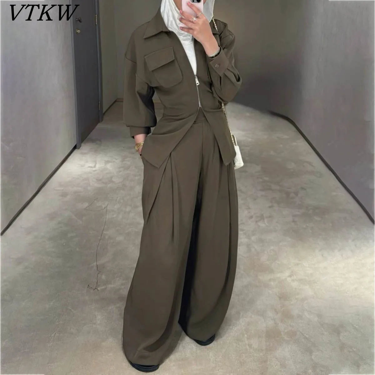 VTKW Collar Zipper Waist-restricting Design Pure Color 2025 Spring Summer Women's Blazer High-quality Loose Pants Two-piece Set