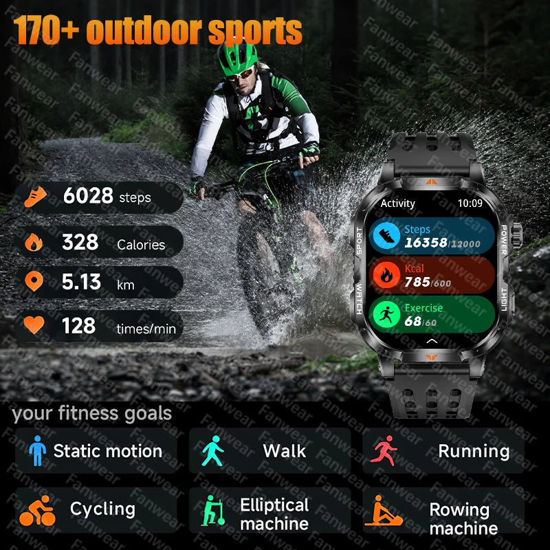 Military outdoor sports smart watch For men's 1600 mAh battery outdoor flashlight 2.04 inch screen 170+ sports mode call health