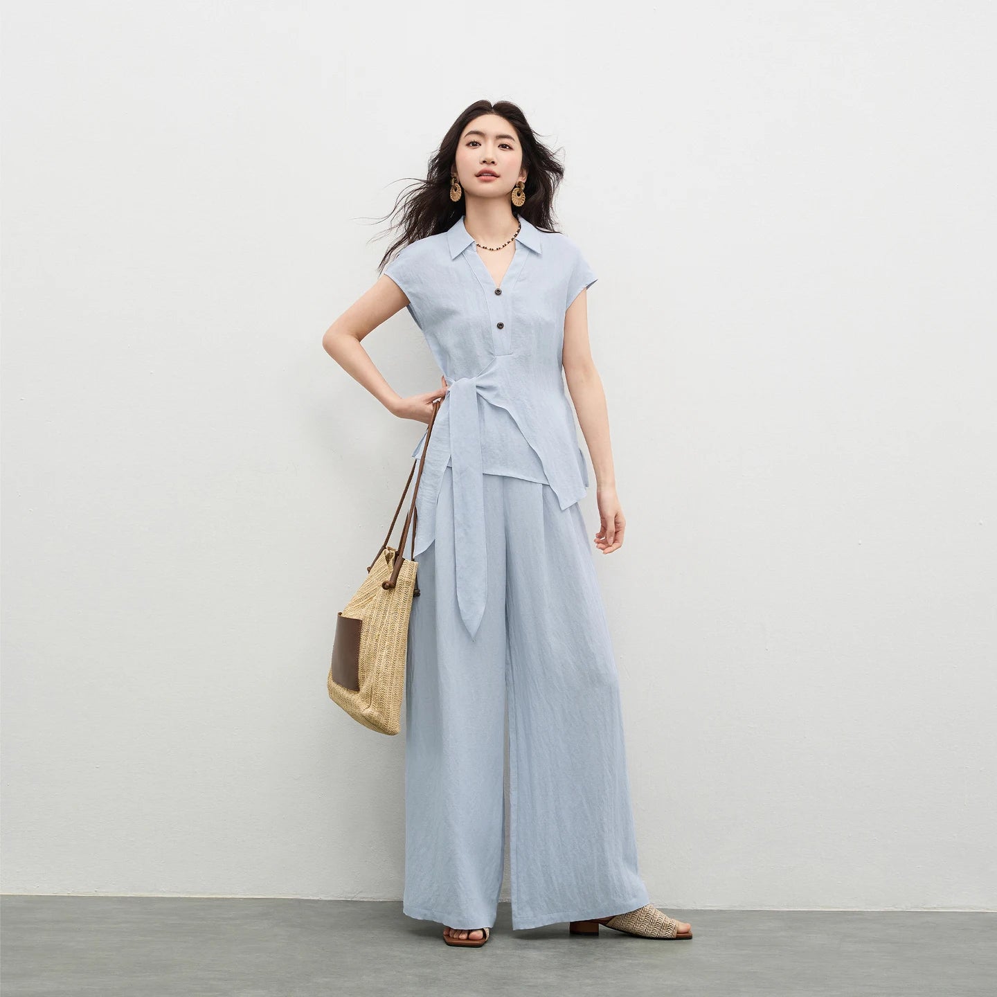 SENTUBILA Women's Office Linen Matching Set 2026 Summer Tie Short Sleeve Blouse Boho Scarf Wide Leg Pant 2 Piece Set 162ZK6057Z