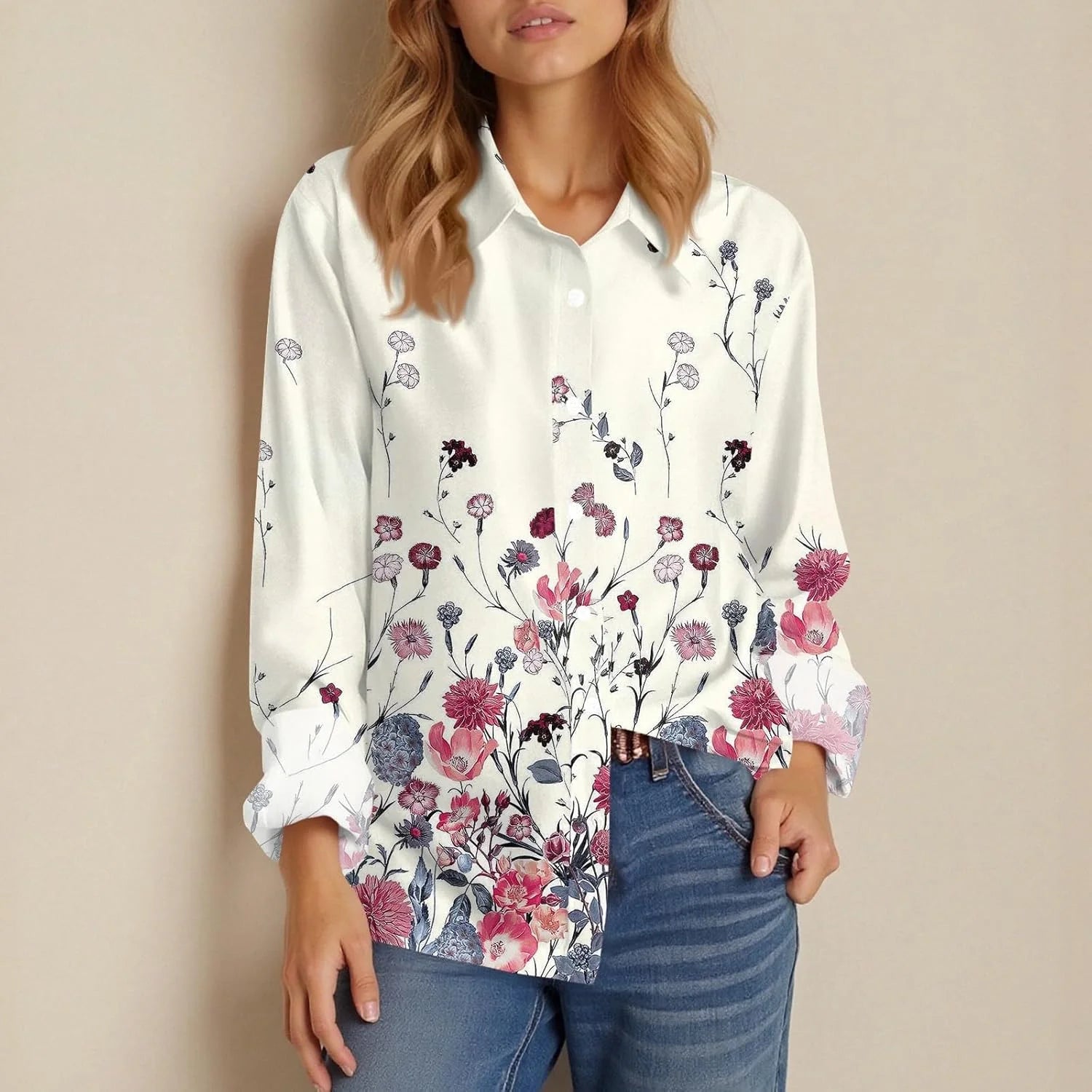 2026 Blush Women Summer Popular Long Sleeve Lapel Shirt Plant Flower Printed Shirt Street Commuting Outerwear Fast Shipping