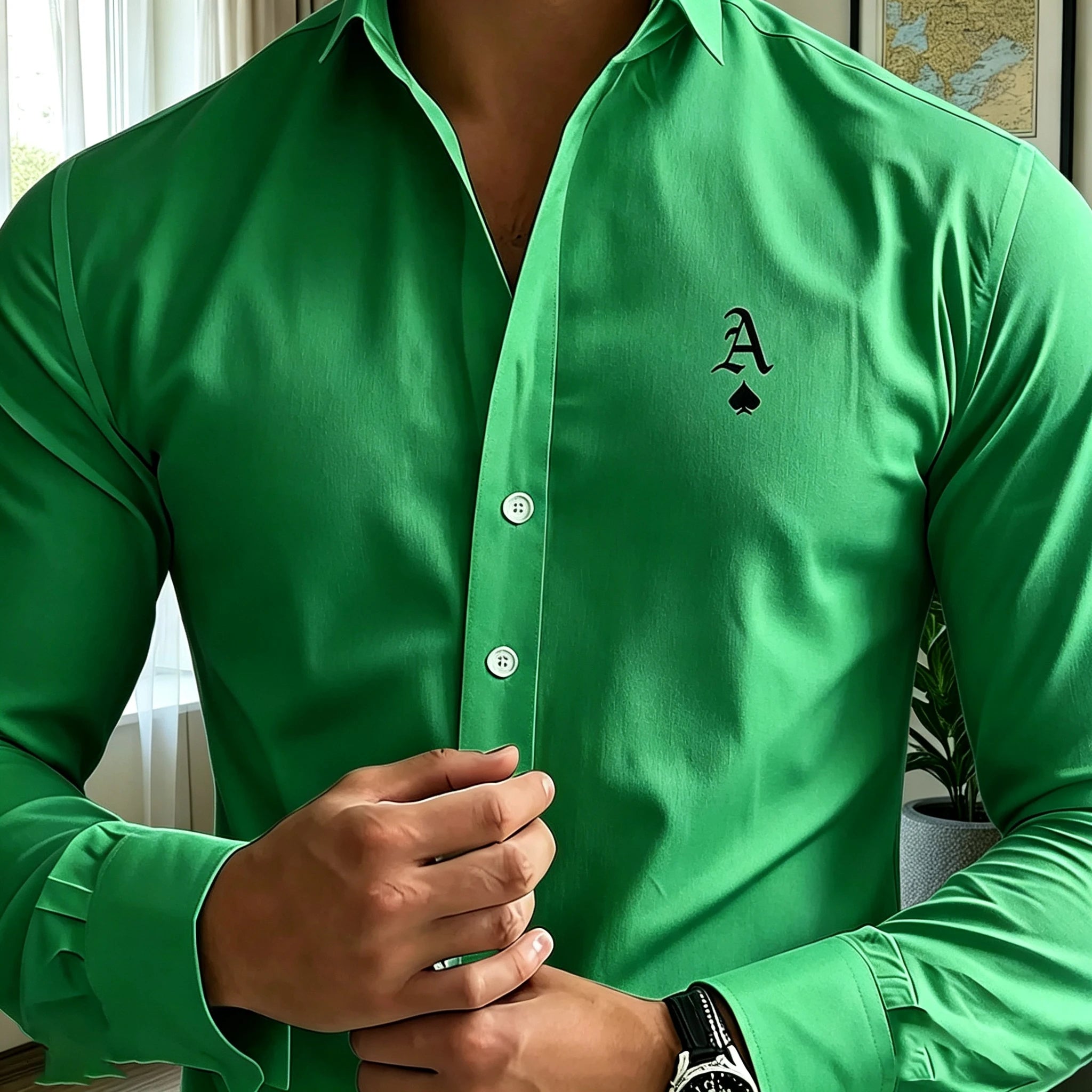 Men's long-sleeved business shirt, letter print, light luxury formal shirt, commuting/party casual cardigan top