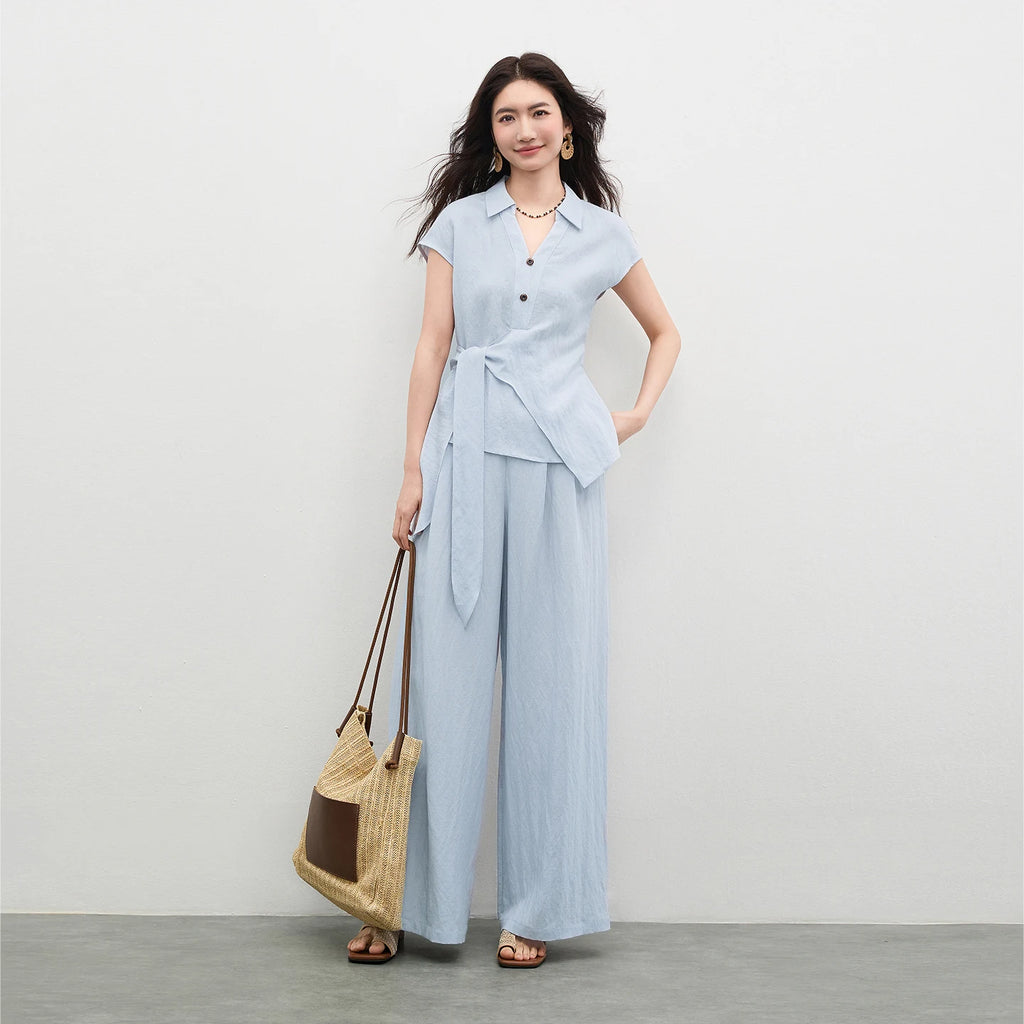 SENTUBILA Women's Office Linen Matching Set 2026 Summer Tie Short Sleeve Blouse Boho Scarf Wide Leg Pant 2 Piece Set 162ZK6057Z