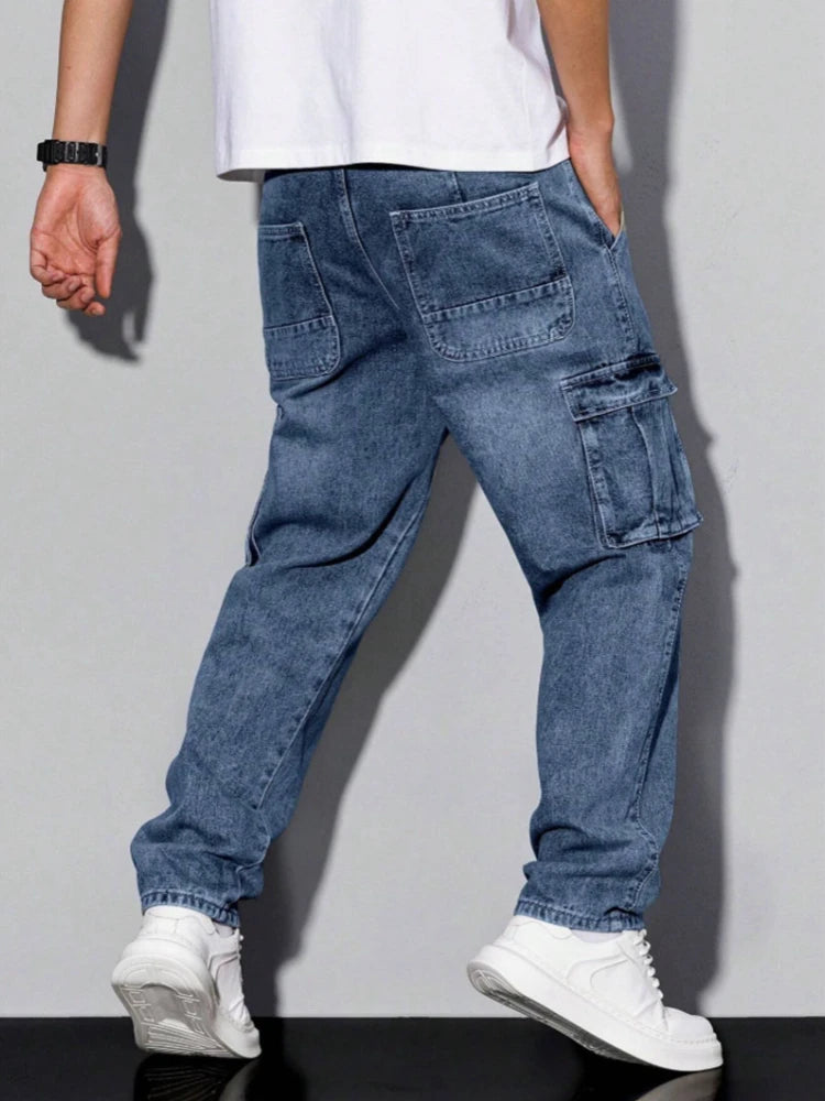 Men's Blue Cargo Jeans Spring New Multi-Pocket Loose Fit Denim Pants Streetwear Hip Hop Casual Versatile Daily Fashion Trousers