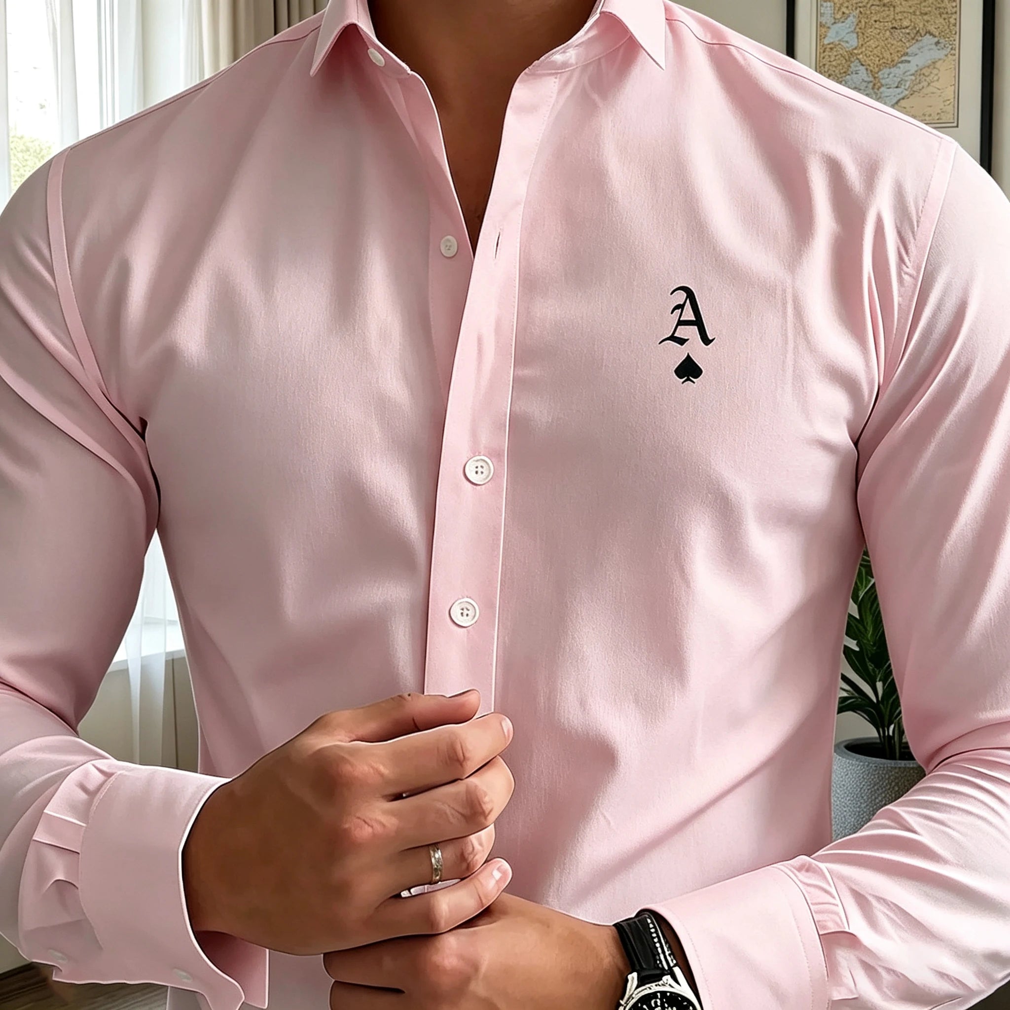 Men's long-sleeved business shirt, letter print, light luxury formal shirt, commuting/party casual cardigan top