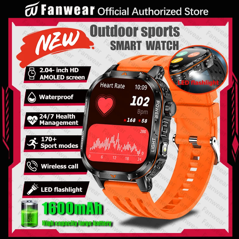 Military outdoor sports smart watch For men's 1600 mAh battery outdoor flashlight 2.04 inch screen 170+ sports mode call health