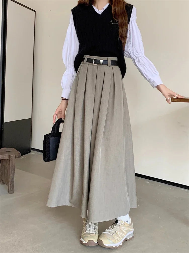 2026 New Korean Skirt Women Solid Color Versatile Mid-length Pleated Skirt Large Swing Type Skirt Female Long Skirts for Women