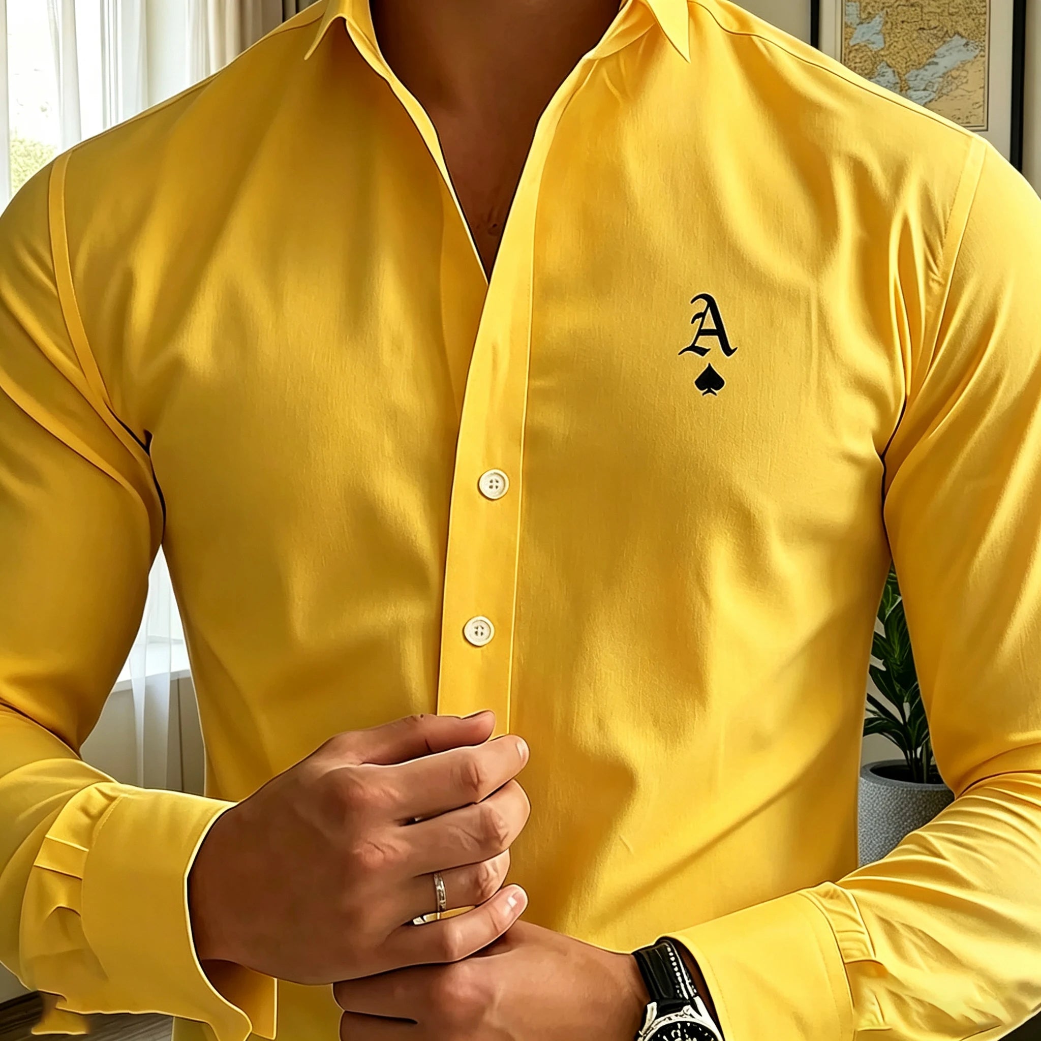 Men's long-sleeved business shirt, letter print, light luxury formal shirt, commuting/party casual cardigan top