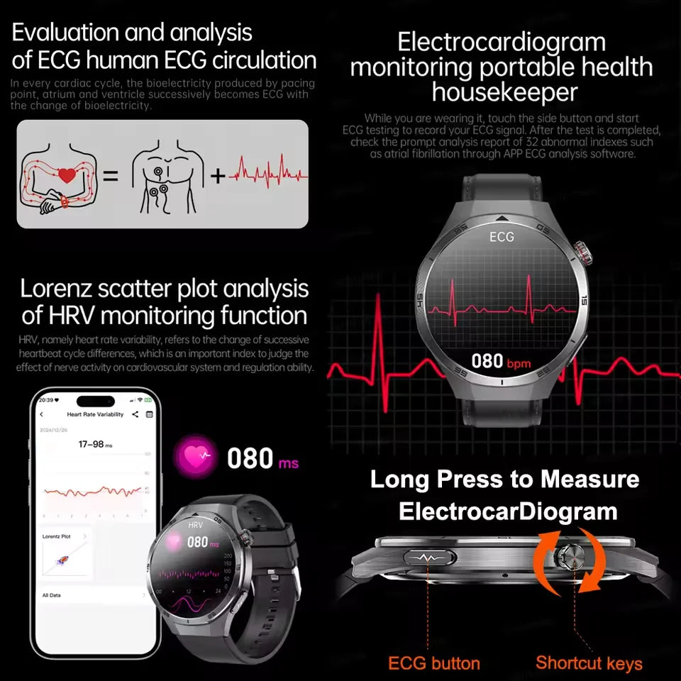 2026 New Health Check Care Smart Watch for Man ECG+PPG Accurate Uric Acid Blood Pressure Body Fat Fitness Waterproof Smart Watch