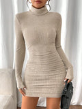 Women's 2026 High Neck Slim Fit Dress Pit Stripe Knitted Texture Design for Daily Life Spring Autumn