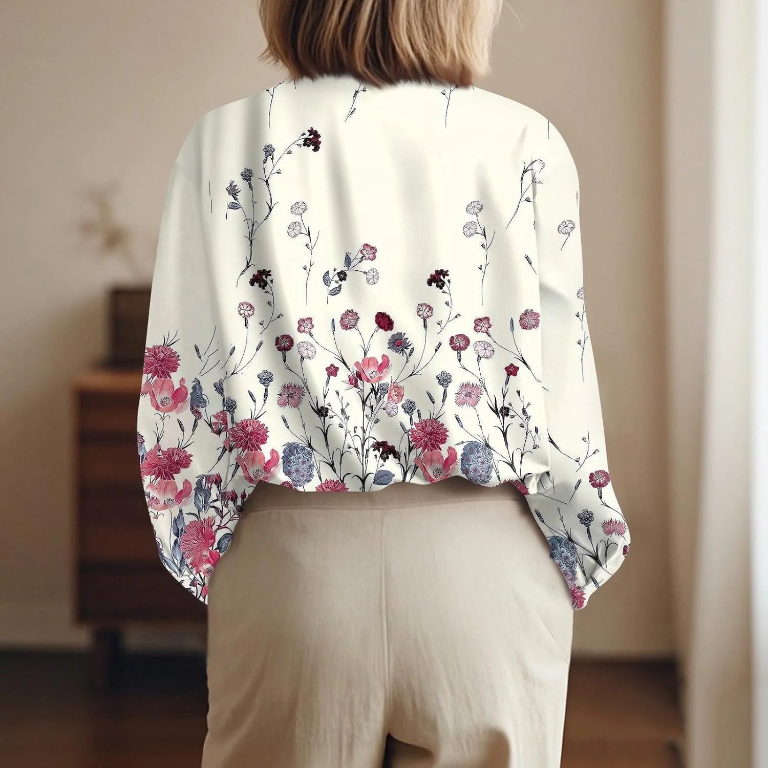 2026 Blush Women Summer Popular Long Sleeve Lapel Shirt Plant Flower Printed Shirt Street Commuting Outerwear Fast Shipping