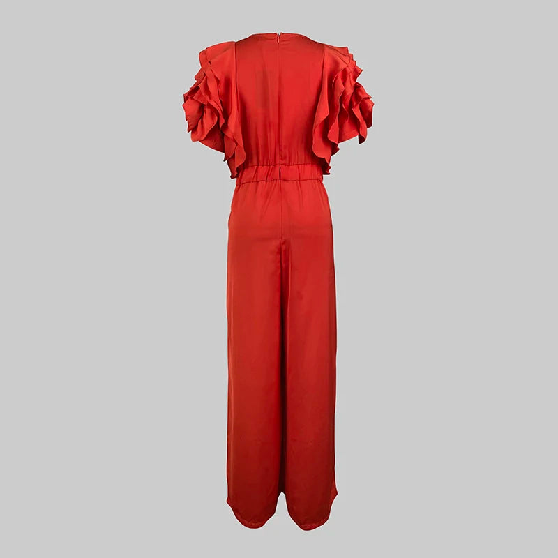 Modigirl Red Romper Jumpsuit Woman 2025 New Summer Falbala Short Sleeves Wide Leg Jumpsuits Woman Elegant Party Formal Clothes