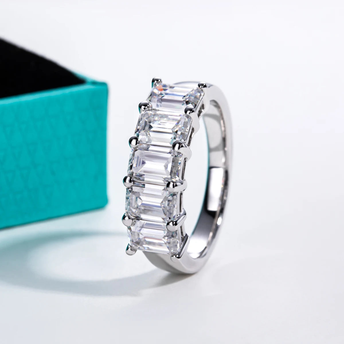 AnuJewel 0.6ct 3cttw Emerald Cut Moissanite Wedding Band Ring 925 Sterling Silver D Color Moissanites Promise Ring for Women