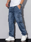 Men's Blue Cargo Jeans Spring New Multi-Pocket Loose Fit Denim Pants Streetwear Hip Hop Casual Versatile Daily Fashion Trousers