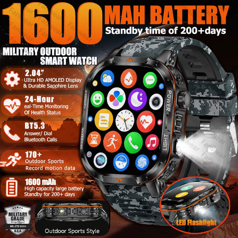 Military outdoor sports smart watch For men's 1600 mAh battery outdoor flashlight 2.04 inch screen 170+ sports mode call health