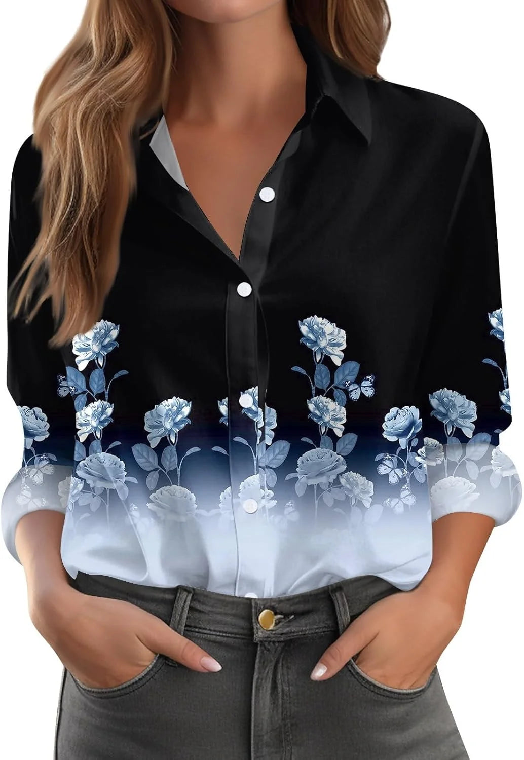 2026 Blush Women Summer Popular Long Sleeve Lapel Shirt Plant Flower Printed Shirt Street Commuting Outerwear Fast Shipping