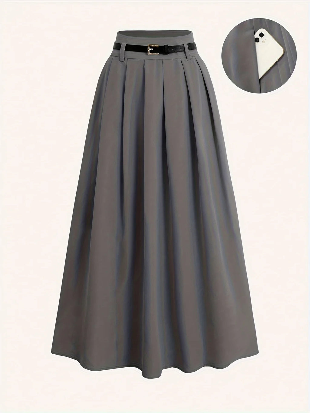 Ladies' Solid Color Versatile Decorative Belt, High Waist Long Pleated Skirt, High Waist Flared Skirt