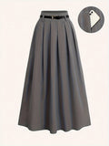 Ladies' Solid Color Versatile Decorative Belt, High Waist Long Pleated Skirt, High Waist Flared Skirt