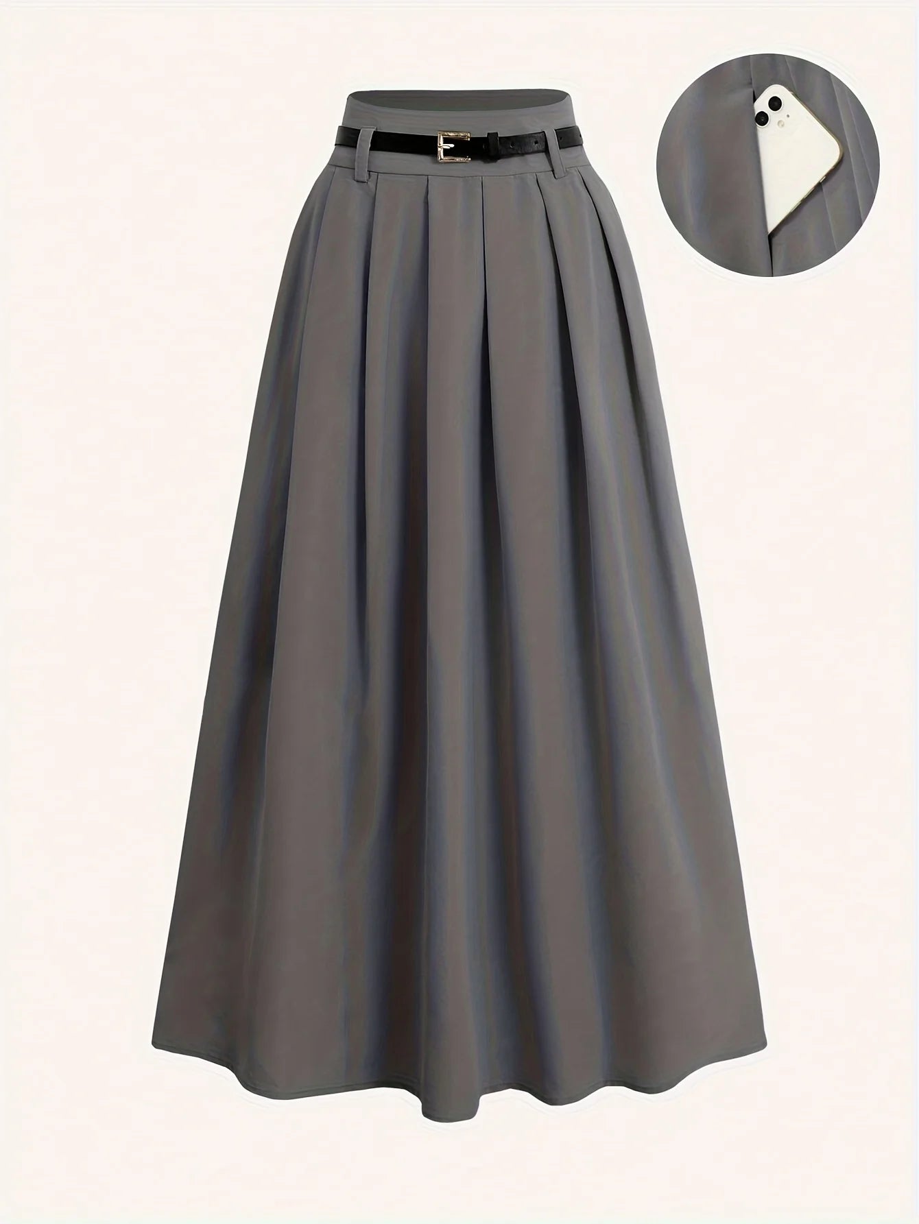 Ladies' Solid Color Versatile Decorative Belt, High Waist Long Pleated Skirt, High Waist Flared Skirt