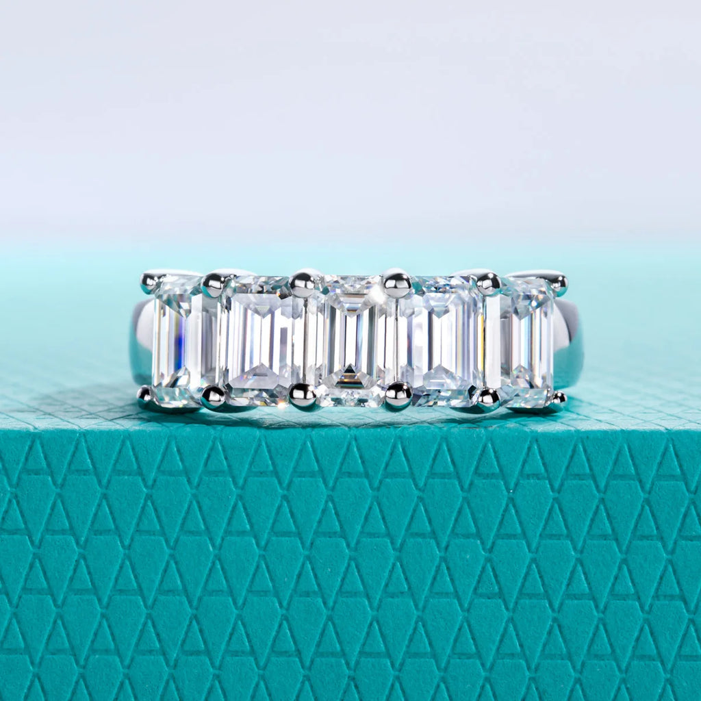 AnuJewel 0.6ct 3cttw Emerald Cut Moissanite Wedding Band Ring 925 Sterling Silver D Color Moissanites Promise Ring for Women