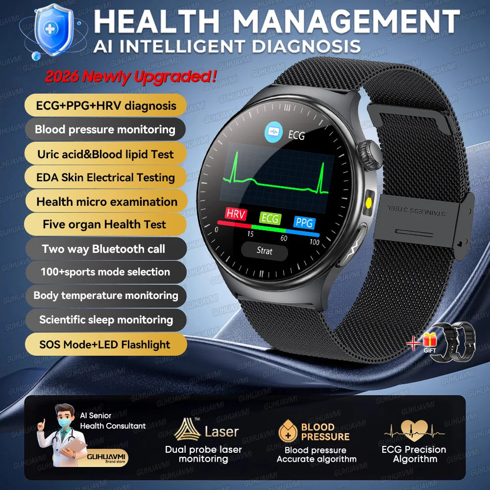 New 1.73" Sapphire Glass Uric Acid Blood Fat Health Trackr SmartWatch Blood Pressure ECG+PPG Clock Body Analysis Smartwatchs Men