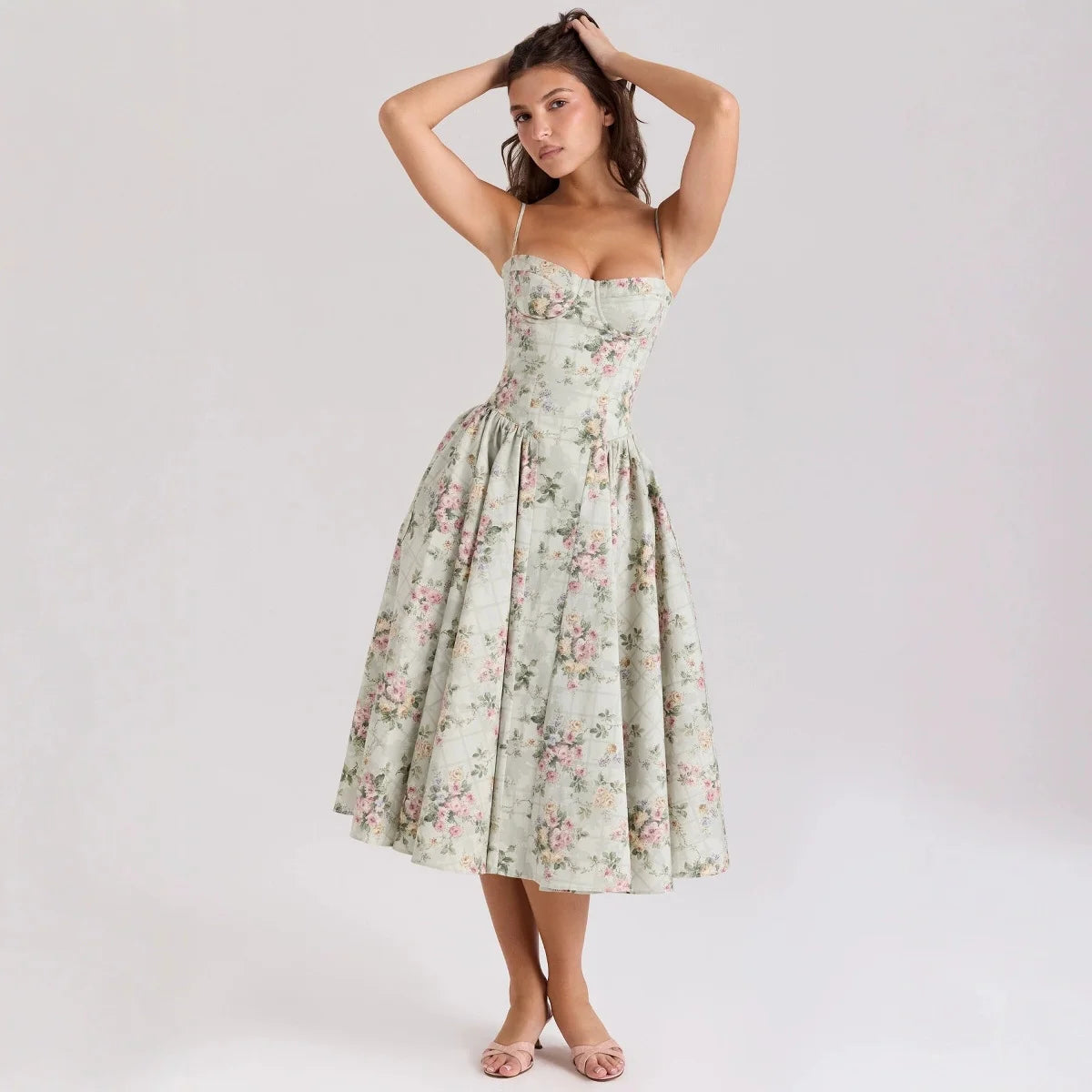 Vintage Blue Corset Midi Sundress Women's Floral High Waist Pleated Dress Sun Dresses Summer Female Clothes New White Red Green