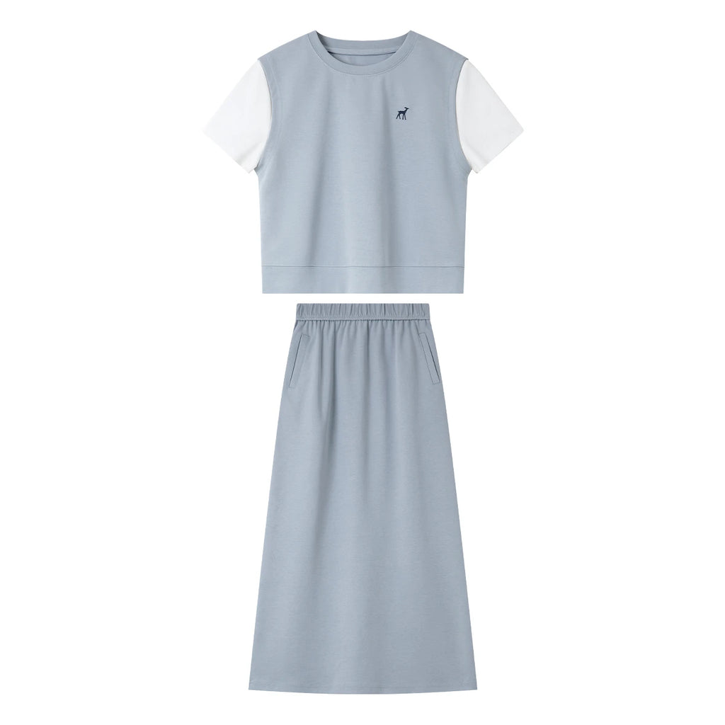 VIMLY Women's Summer Skirt Suit 2026 Woman Simple Outfits 2 in 1 Short Sleeve T-shirt Split Skirt Ladies Casual Skirt Set M9862