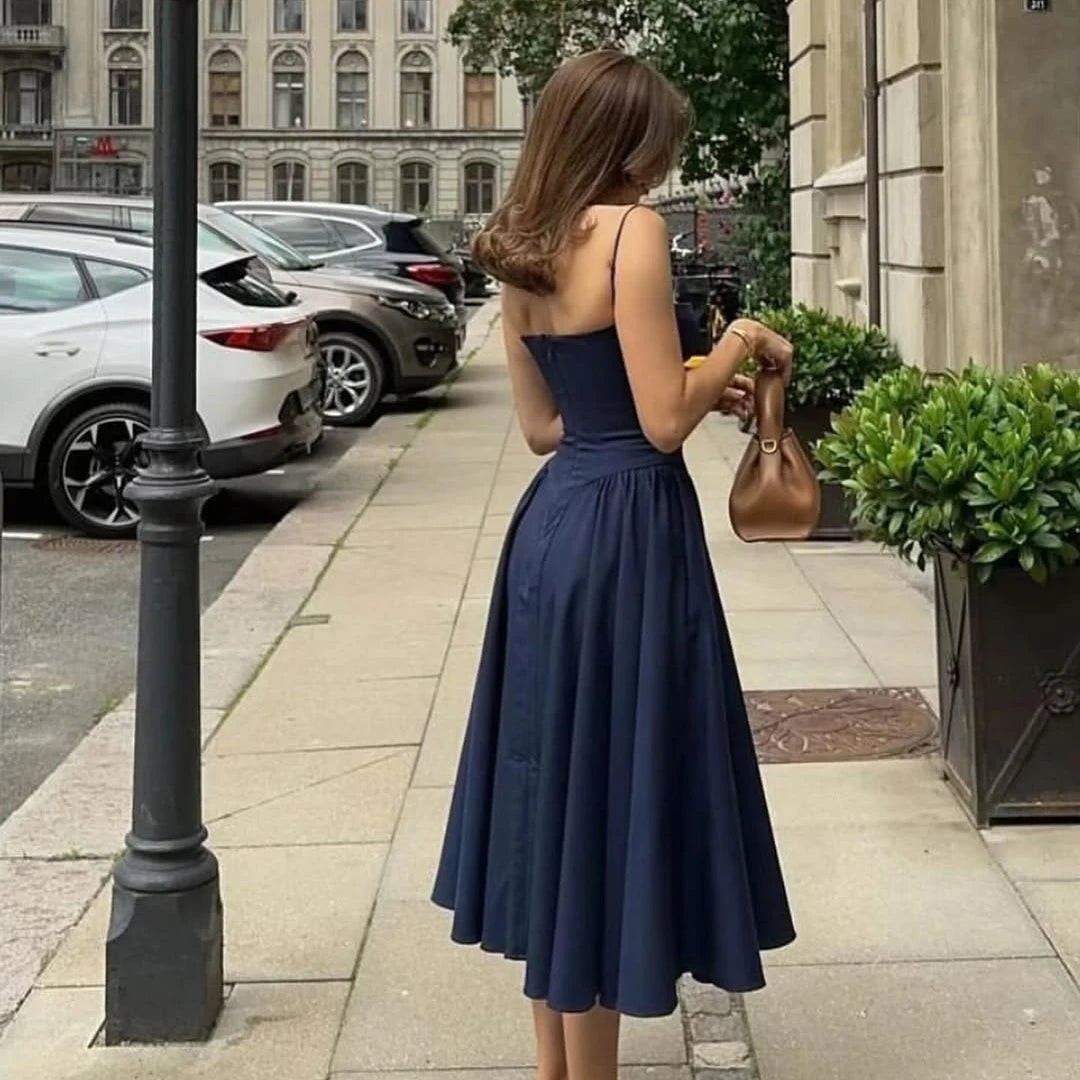Vintage Blue Corset Midi Sundress Women's Floral High Waist Pleated Dress Sun Dresses Summer Female Clothes New White Red Green