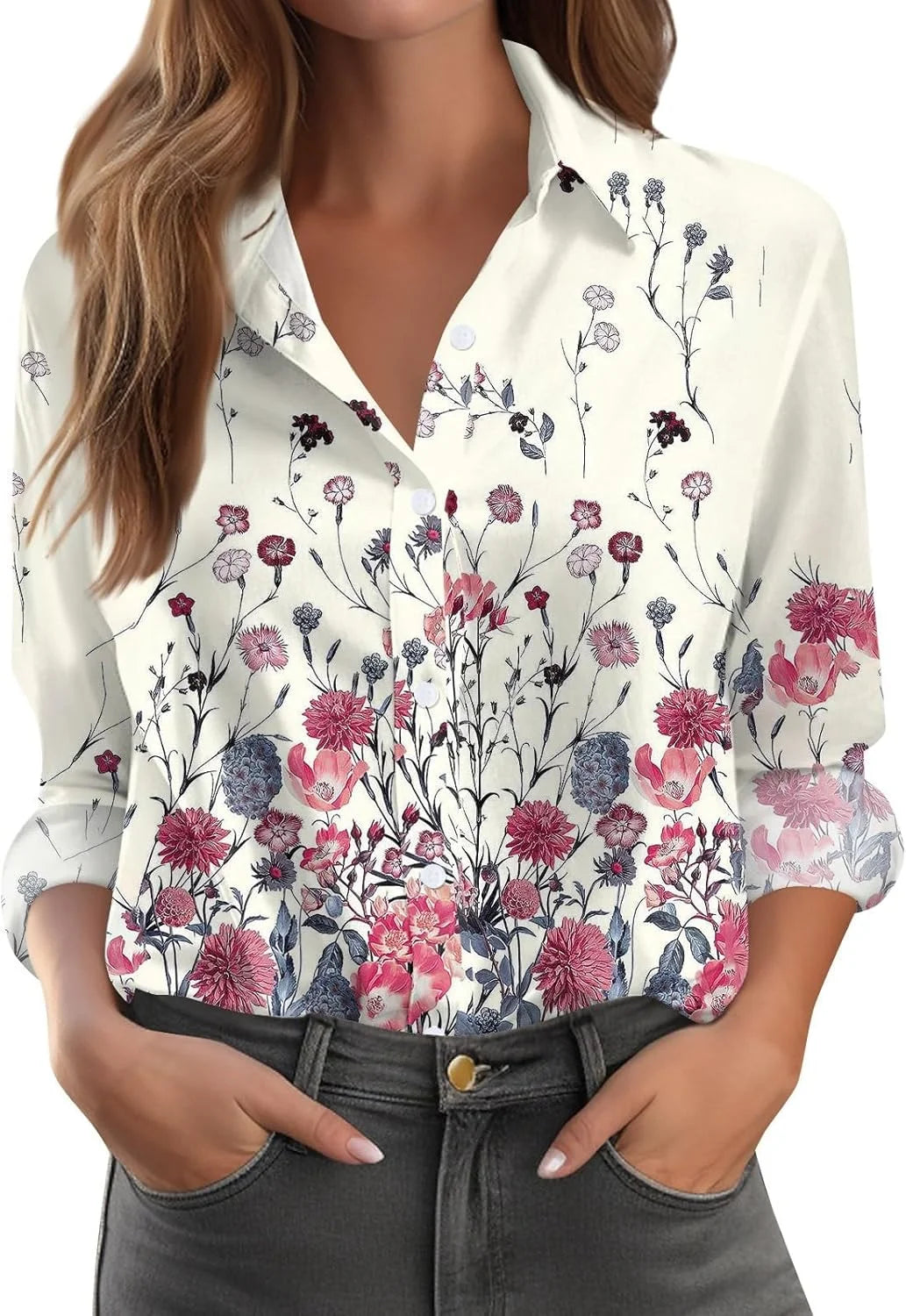 2026 Blush Women Summer Popular Long Sleeve Lapel Shirt Plant Flower Printed Shirt Street Commuting Outerwear Fast Shipping