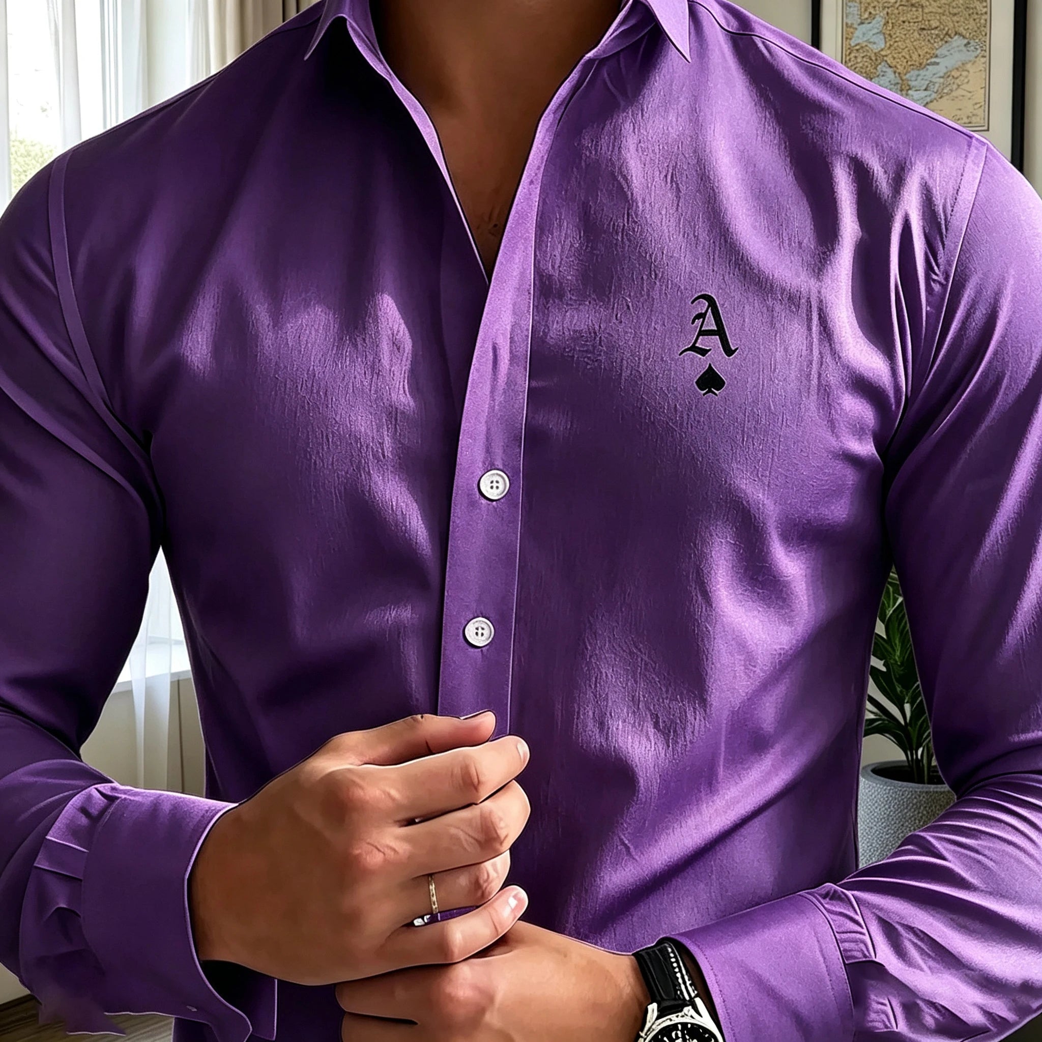 Men's long-sleeved business shirt, letter print, light luxury formal shirt, commuting/party casual cardigan top