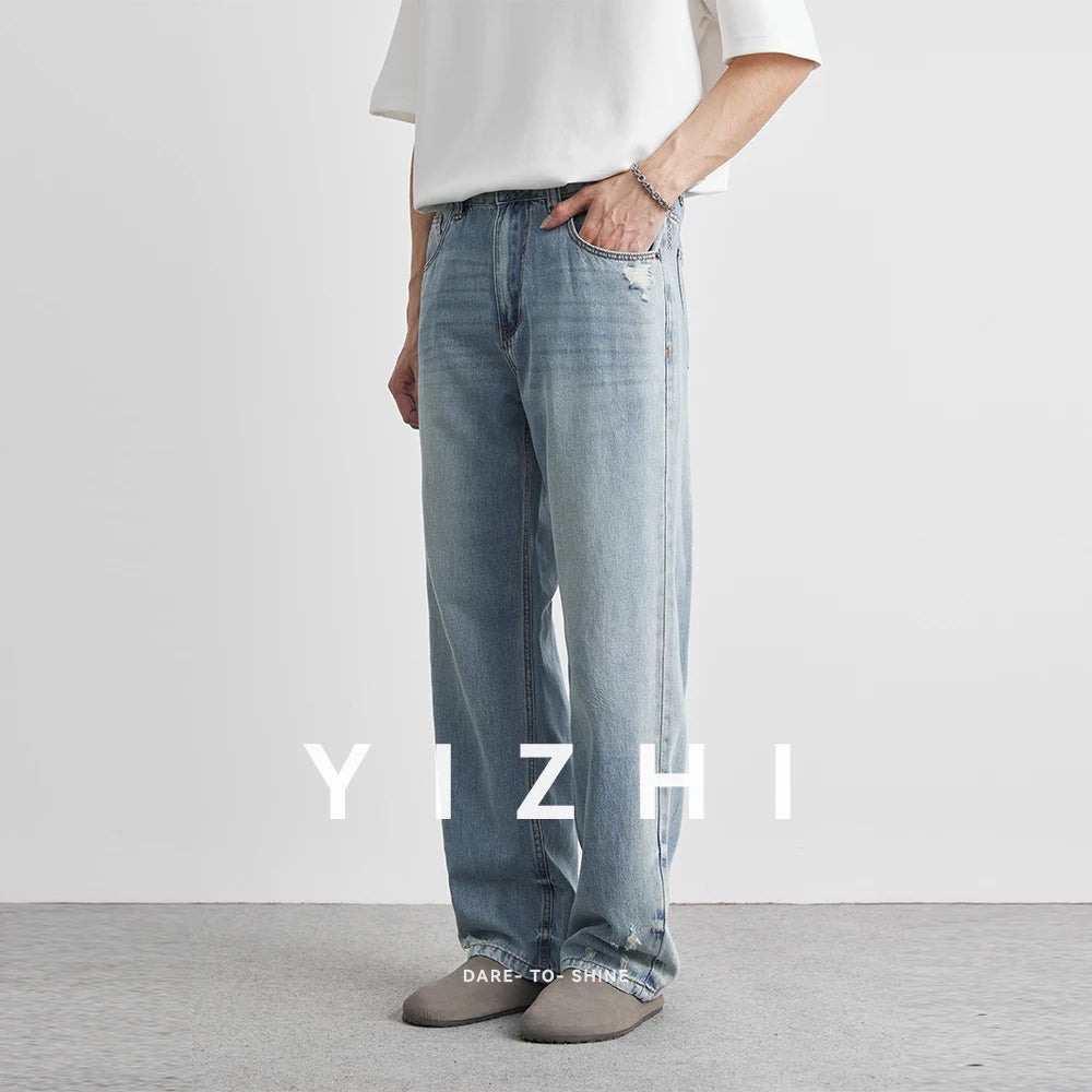 Men's Washed Light Jeans 2025 Summer New Style Ripped Loose Straight Trousers Thin Fashion Casual Jeans Trousers 28-36