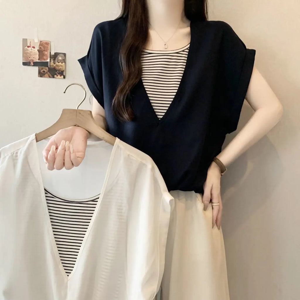 Summer Plus Size Women's Hot-selling Contrast Color Striped Loose Hiding Flesh Slimming Round Neck Short Sleeve T-shirt