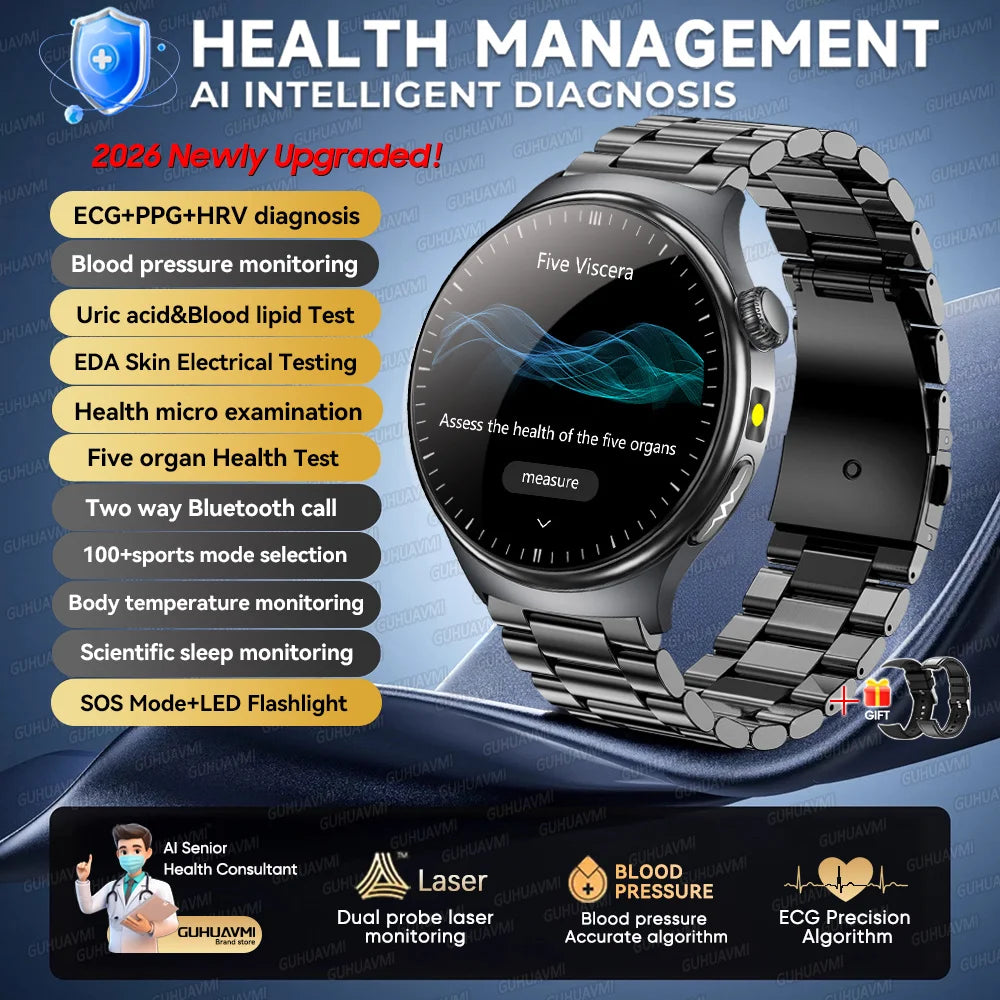 New 1.73" Sapphire Glass Uric Acid Blood Fat Health Trackr SmartWatch Blood Pressure ECG+PPG Clock Body Analysis Smartwatchs Men