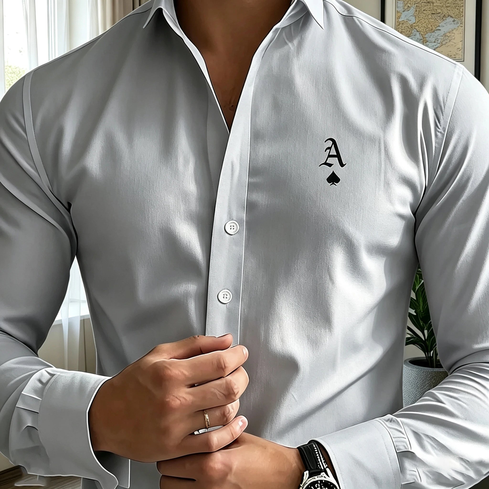 Men's long-sleeved business shirt, letter print, light luxury formal shirt, commuting/party casual cardigan top
