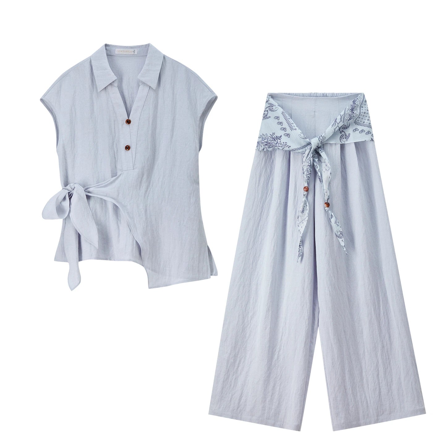 SENTUBILA Women's Office Linen Matching Set 2026 Summer Tie Short Sleeve Blouse Boho Scarf Wide Leg Pant 2 Piece Set 162ZK6057Z