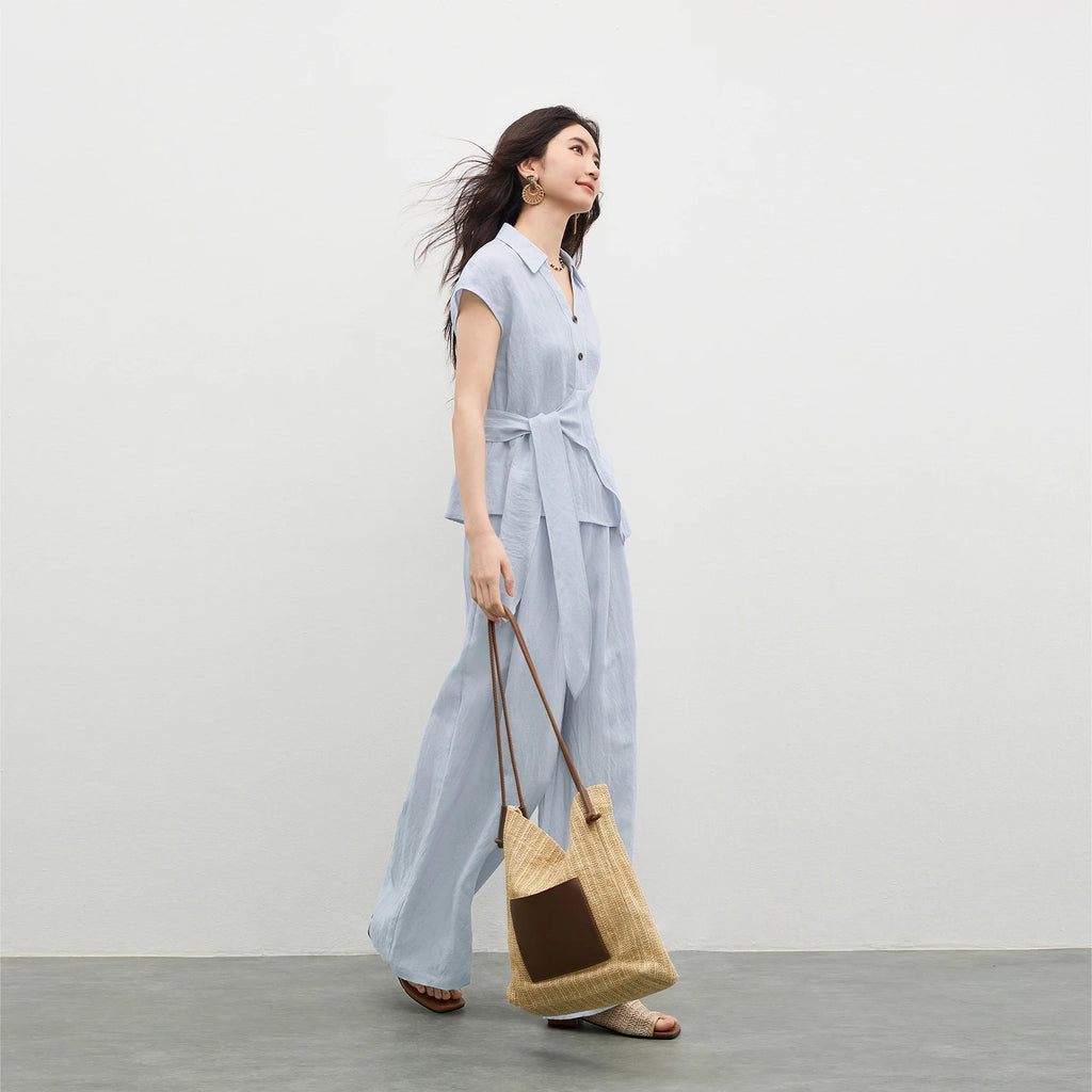 SENTUBILA Women's Office Linen Matching Set 2026 Summer Tie Short Sleeve Blouse Boho Scarf Wide Leg Pant 2 Piece Set 162ZK6057Z