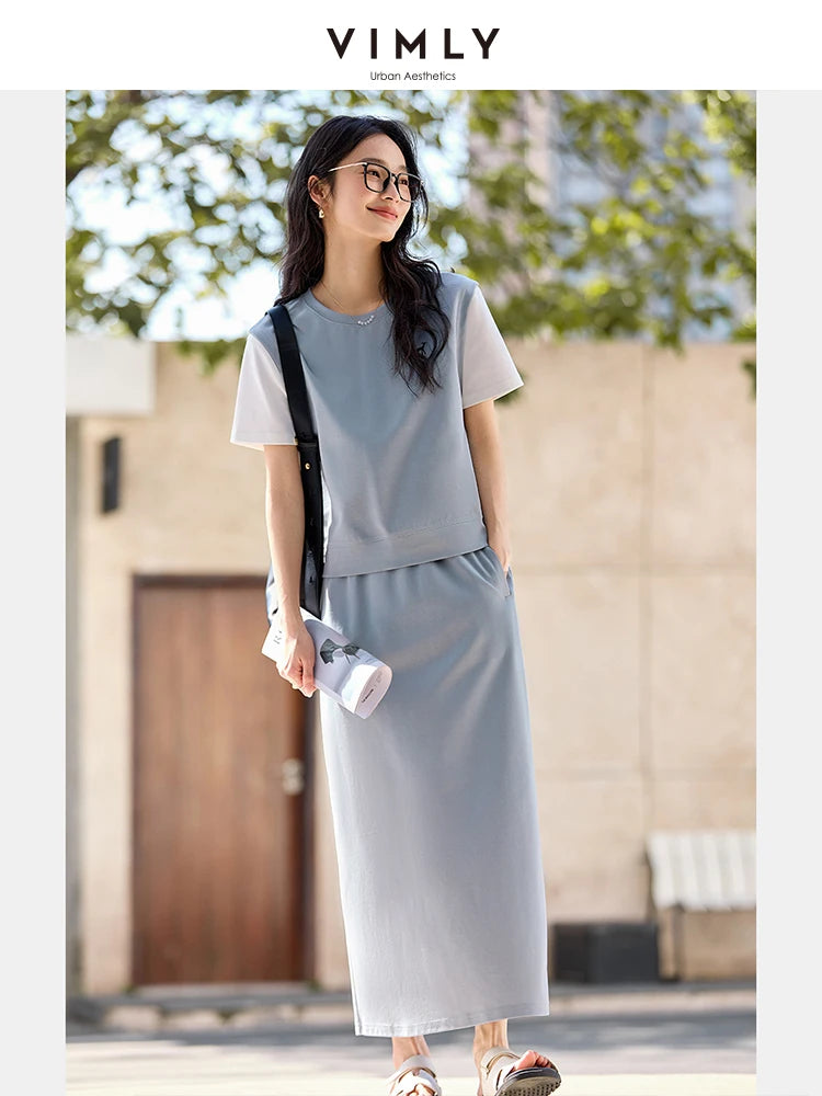 VIMLY Women's Summer Skirt Suit 2026 Woman Simple Outfits 2 in 1 Short Sleeve T-shirt Split Skirt Ladies Casual Skirt Set M9862