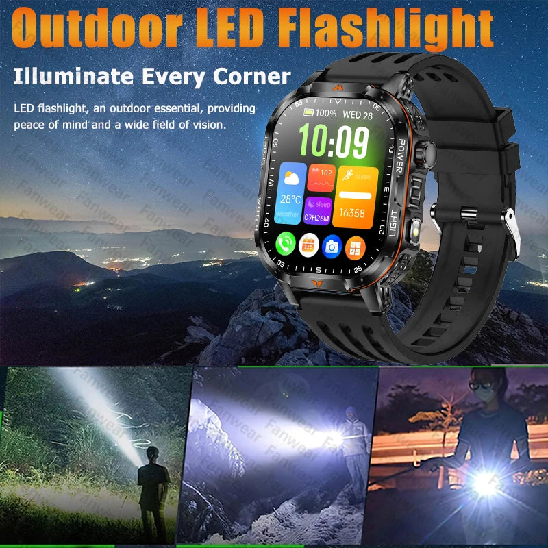 Military outdoor sports smart watch For men's 1600 mAh battery outdoor flashlight 2.04 inch screen 170+ sports mode call health