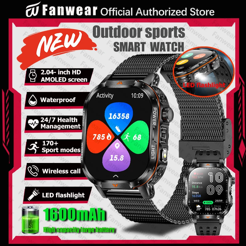 Military outdoor sports smart watch For men's 1600 mAh battery outdoor flashlight 2.04 inch screen 170+ sports mode call health