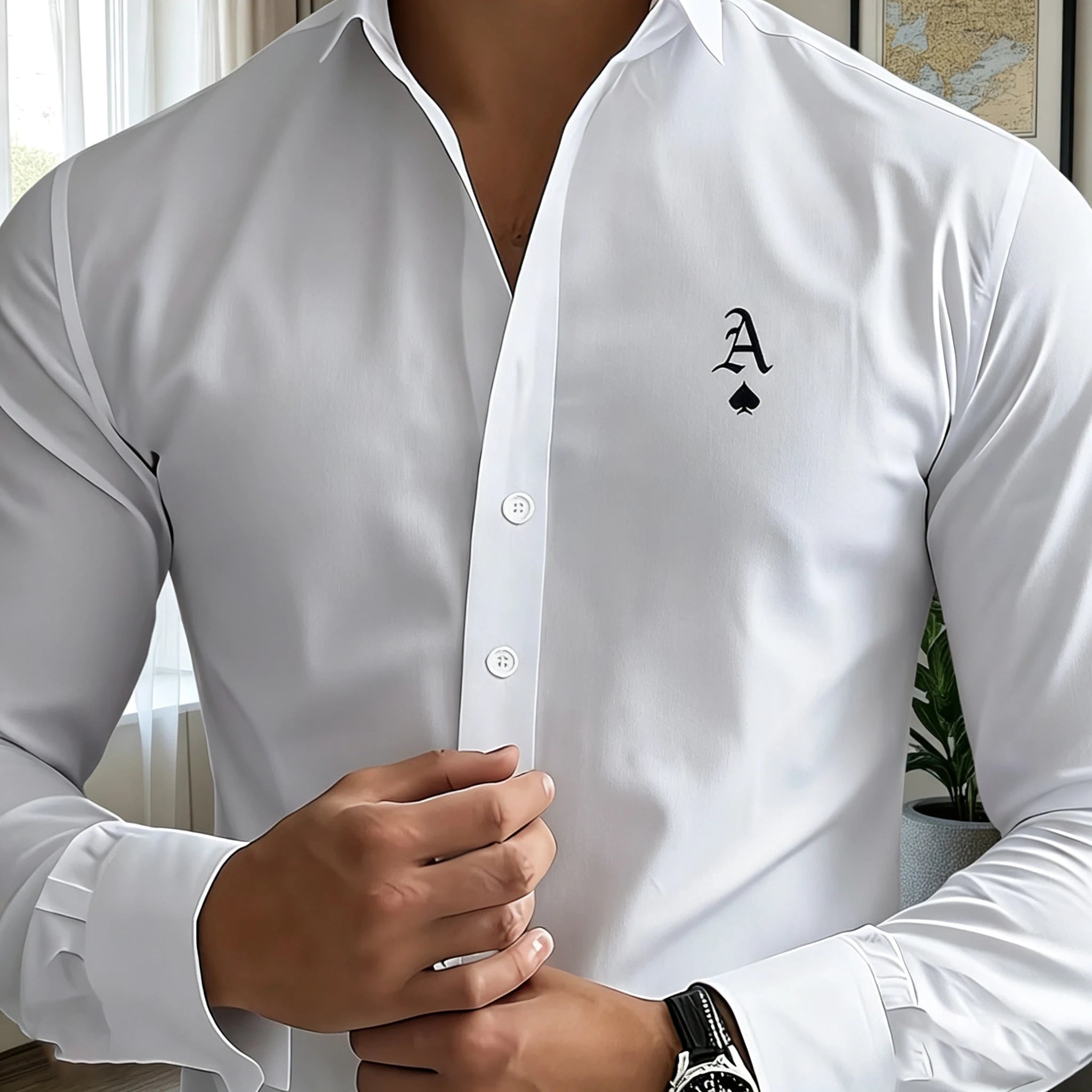 Men's long-sleeved business shirt, letter print, light luxury formal shirt, commuting/party casual cardigan top