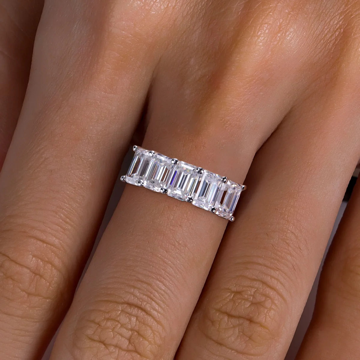 AnuJewel 0.6ct 3cttw Emerald Cut Moissanite Wedding Band Ring 925 Sterling Silver D Color Moissanites Promise Ring for Women